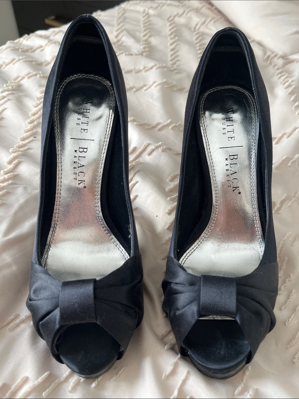 White House Black Market Black Satin Peep-Toe Bow Heels